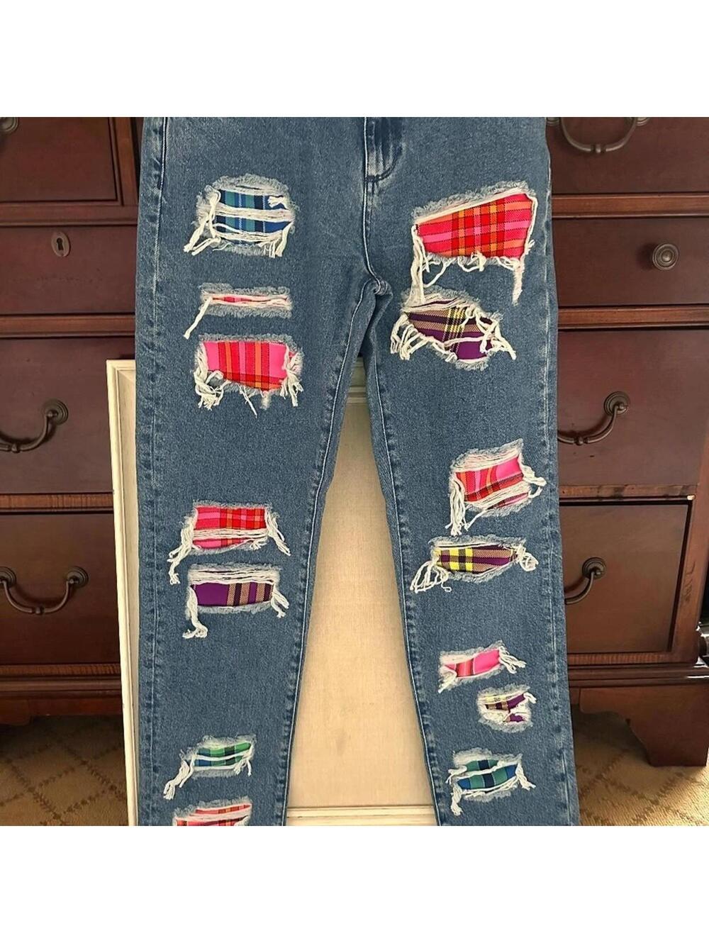 Vintage House of Holland flannel patchwork distressed jeans size 2 NWOT
